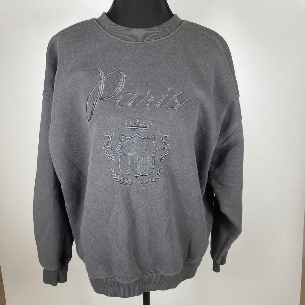 State of Mine Paris Crest Embroidered Cozy Sweatshirt Charcoal Grey Size M